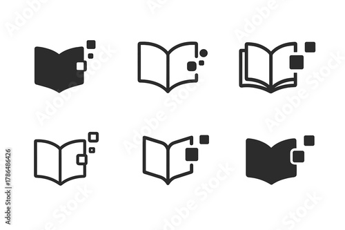 Language AI Logos. language translation AI. Set Logo of language translation AI: book transforming into data stream. Icon set. harmonious logo variations of