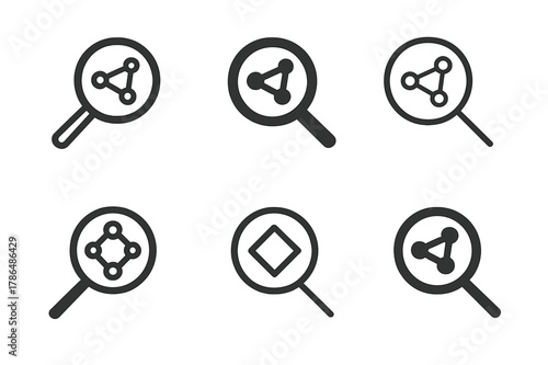 Recommendation Logo Variations. Recommendation engines. Set Logo of Recommendation engines: magnifying glass over connected nodes. Icon set. harmonious logo