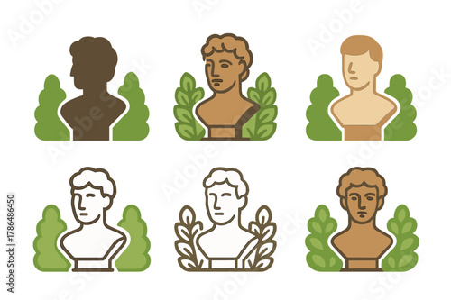 Sculpture Garden Logos. Sculpture gardens. Set Logo of Sculpture gardens: stone bust among hedges. Icon set. harmonious logo variations of the same emblematic