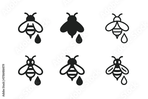 Bee Emblem Variations. Pollution and wildlife. Set Logo of Pollution and wildlife: bee with pesticide droplet silhouette. Icon set. harmonious logo variations
