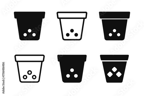 Plant Pot Logos. Plant pot. Icon set. Set Logo of plant pot: nursery grow pot with drainage holes. harmonious logo variations of the same emblematic concept,