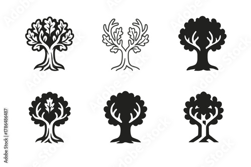 Forest Spirit Logos. A forest spirit guarding an ancient oak tree. Set Logo of a forest spirit guarding an ancient oak tree: stag antlers entwined with oak