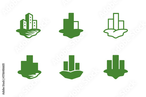 Urban Sprawl Logos. urban sprawl. Set Logo of urban sprawl: greenfield development footprint. Icon set. harmonious logo variations of the same emblematic