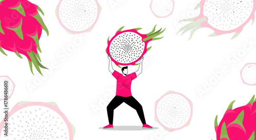 Illustration Of A Man Holding Up Large Dragon Fruit Depicting A Healthy Lifestyle