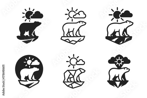 Polar Bear Logos. Pollution and wildlife. Set Logo of Pollution and wildlife: polar bear on shrinking ice with smog sun. Icon set. harmonious logo variations