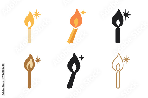 Candle Logo Variations. Candle making with unique scents and colors. Set Logo of Candle making: matchstick and flame spark. Icon set. harmonious logo