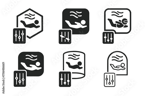 Indoor Skydiving Logos. Indoor skydiving in specialized wind tunnels. Icon set. Set Logo of Indoor skydiving in specialized wind tunnels: control console with