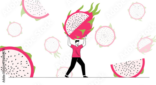 Illustration Of A Person Holding Dragon Fruit On His Head With White Background