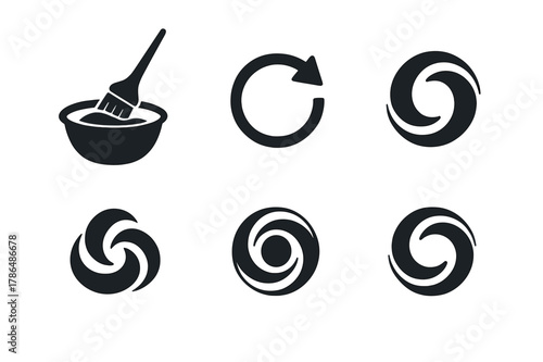 Geometric Dye Logos. Bowl with hair dye. Set Logo of circular dye mixing motion: Minimal outline, Abstract geometric, Filled silhouette, Symmetrical form,