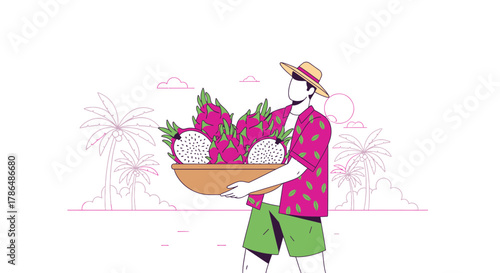 Illustration Of A Person Carrying Exotic Dragon Fruit, Tropical Summer Concept