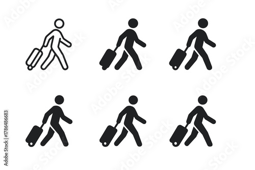 Suitcase Icon Variations. Wheeling a suitcase. Set Logo of wheeling a suitcase: airport corridor walk. Icon set. harmonious logo variations of the same