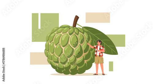 Illustration Of A Person Near A Large Green Fruit, Showing The Sugar Apple