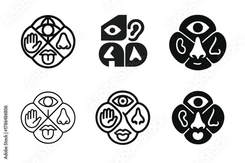 Sensory Icons Collection. How our senses work. Icon set. Set Logo of How our senses work: sensory icons circle (eye, ear, nose, tongue, hand). harmonious logo