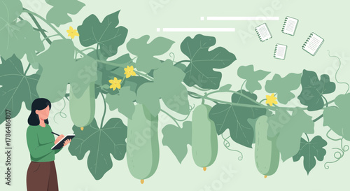 Illustration Of A Woman Documenting Plant Growth With Nature Elements Background