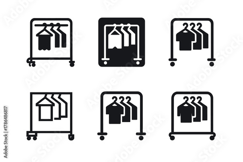 Uniformity Hanger Logos. Hanging clothes on matching hangers for uniformity. Icon set. Set Logo of Hanging clothes on matching hangers for uniformity: garment