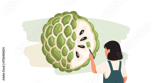 Illustration Of A Young Woman Painting A Custard Apple Fruit, Cute Art Idea
