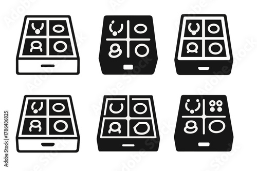 Jewelry Organizer Logos. Organizing jewelry in a drawer organizer. Icon set. Set Logo of Organizing jewelry in a drawer organizer: open drawer with