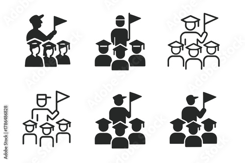 Educational Logo Variations. Educational field trips and excursions. Set Logo of Educational field trips and excursions: student group with guide flag. Icon