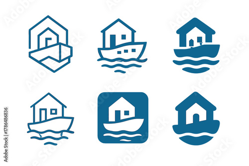 Floating Neighborhoods Icons. Floating neighborhoods. Set Logo of floating neighborhoods: water taxi dock hub. Icon set. harmonious logo variations of the same