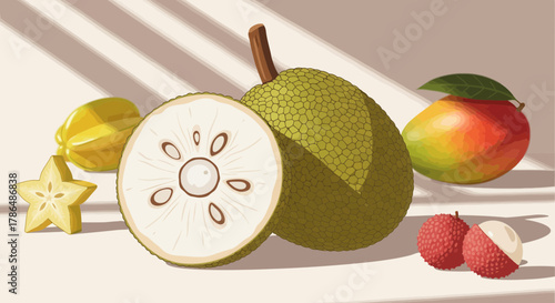Illustration Of Assorted Exotic Fruits In Natural Light Still Life Composition