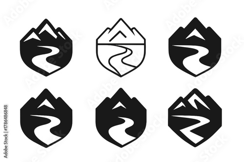 Mountain River Logo Set. Graphic design trends nature inspired design example. Set Logo of graphic design trends nature inspired design example: mountain and