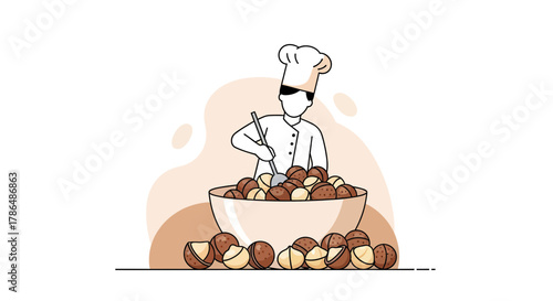 Illustration Of Chef Mixing Macadamia, Food Illustration with Minimalist Design Concept