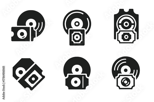 Analog Music Icons. Analog music experiences like vinyl records and live performances. Icon set. Set Logo of Analog music experiences like vinyl records and