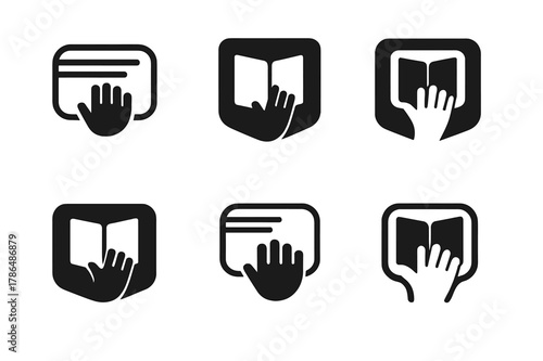 Child Literacy Logos. Childhood literacy programs. Set Logo of childhood literacy programs: library card with a child?s hand holding a book. Icon