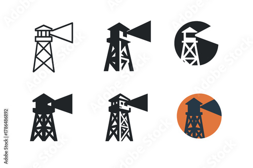 Post-Apocalyptic Logos. Post-apocalyptic societies. Set Logo of Post-apocalyptic societies: watchtower with spotlight. Icon set. harmonious logo variations of