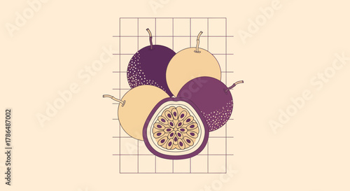 Illustration Of Passion Fruits With a Grid Background Aesthetic, Minimalist Style