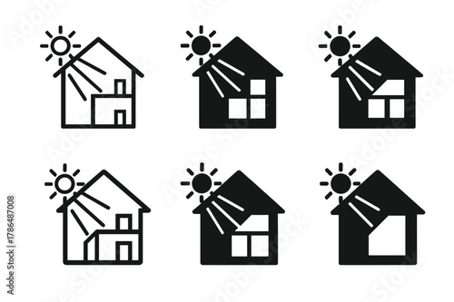 Natural Light Logos. Maximizing natural light in interior design. Icon set. Set Logo of maximizing natural light in interior design: house cutaway showing
