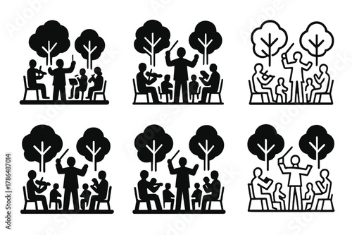 June Concert Logos. June concert outdoors. Icon set. Set Logo of june concert outdoors: conductor leading an outdoor orchestra in the park. harmonious logo