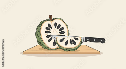 Illustration Of Sliced Sugar Apple Fruit On A Wooden Cutting Board With Knife