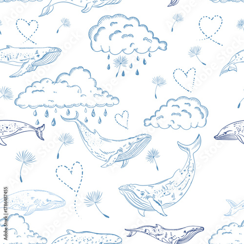 Cute vector seamless children pattern with hand drawn whales and clouds perfect for bedding fabric and textiles