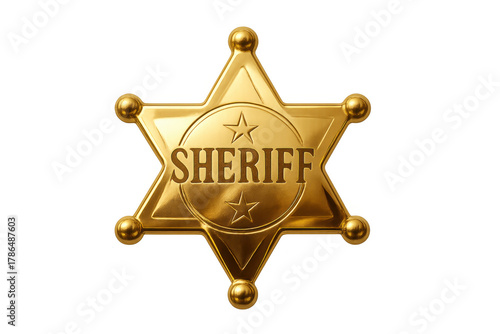 Golden sheriff star badge symbolizing justice, protection, and the american old west, isolated with a transparent background