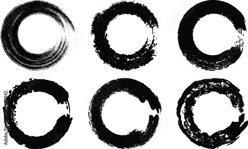 Set of eight grungy oval frames with distressed edges in black isolated on transparent background