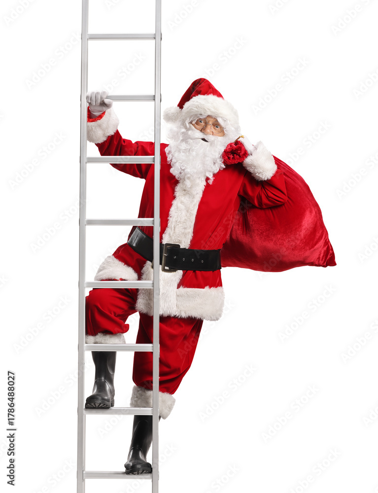 Obraz premium Santa Claus with a sack climbing a ladder