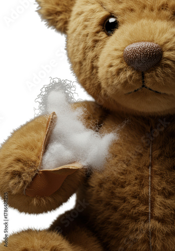 Luxurious light brown teddy bear, extreme macro close-up on open arm seam, white cotton stuffing spilling out, velvety fur, gray background, soft studio light, concept of vulnerability and intricate