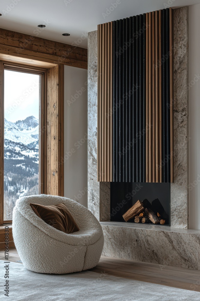 Naklejka premium Cozy minimalist living room interior with modern fireplace and plush chair in rustic mountain setting