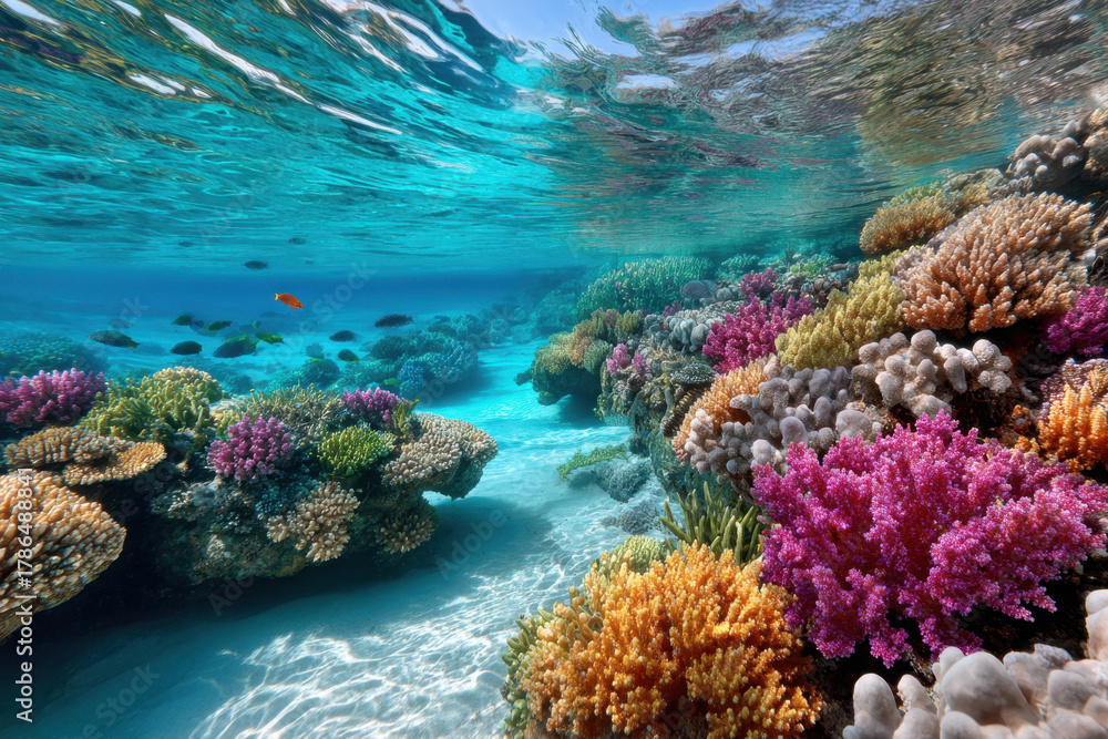 Fototapeta premium Vibrant Coral Reef with Tropical Fish and Sunlight