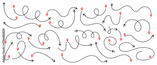 Airplane silhouette vector set with flying paths and travel route lines. Includes dashed trails, location markers, and different aircraft icons. Perfect for travel, aviation, and flight-related design