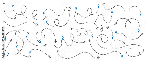 Airplane routes set. Plane route line. Planes dotted flight pathway. Aircraft tracking, planes, travel, map pins, location pins.