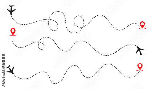Airplane routes set. Plane route line. Planes dotted flight pathway. Aircraft tracking, planes, travel, map pins, location pins.