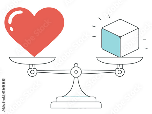 A red heart and a cube are balanced on a scale, symbolizing the balance between love and logic.