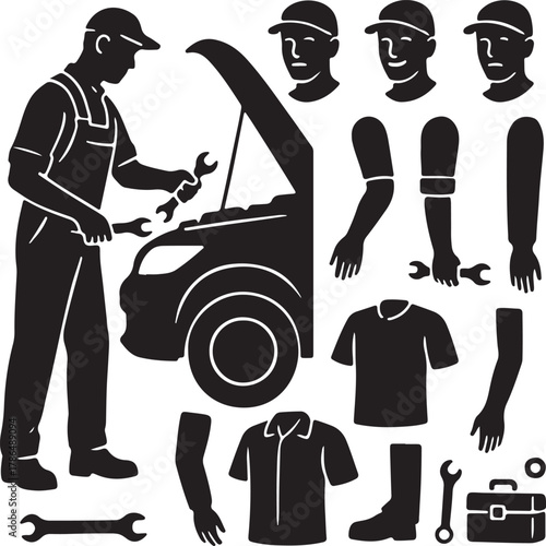 Auto mechanic silhouette working on car with open hood, with customizable heads, arms, clothing, and tools for automotive repair and maintenance service and professional vehicle upkeep illustration