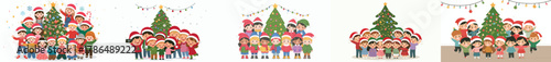 vector of children taking photos together at the Christmas tree