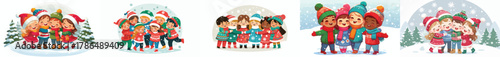 vector of children hugging together on Christmas day