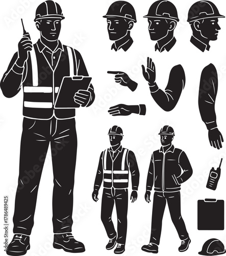 Construction worker character vector set with various poses, gestures, and equipment including hard hat, walkie-talkie, and clipboard, ideal for industrial safety graphics and job site illustrations