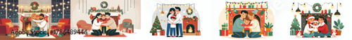 vector of a family hugging warmly near the fireplace on Christmas Eve