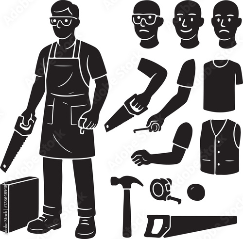Professional carpenter or handyman worker silhouette with safety glasses, apron, and hand saw, featuring interchangeable heads, arms, and essential construction tools set